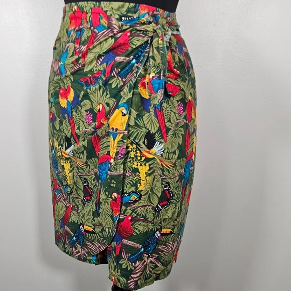 Rare Vintage Tropical Birds Butterflies Print Wrap Skirt Cotton S Wow - Picture 3 of 7